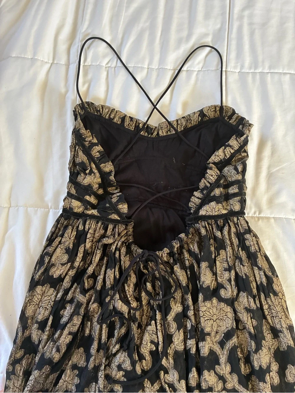 Free people, Charlie Bustier Black & Gold Floral Maxi Dress w/ Spaghetti Straps